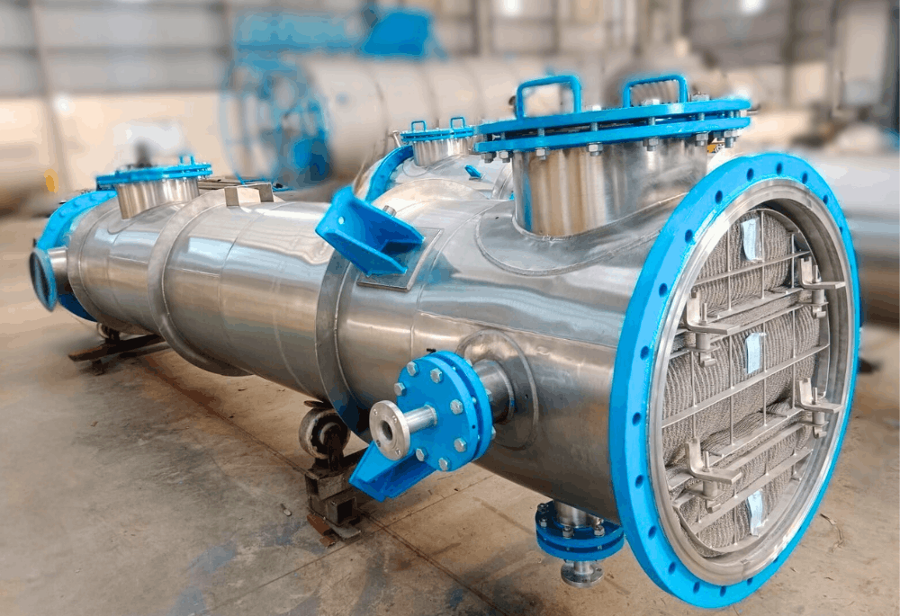 Distillation column with flanged nozzles and stainless steel shell designed for chemical processing applications