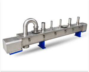 Stainless steel horizontal screw conveyor with multiple discharge outlets.